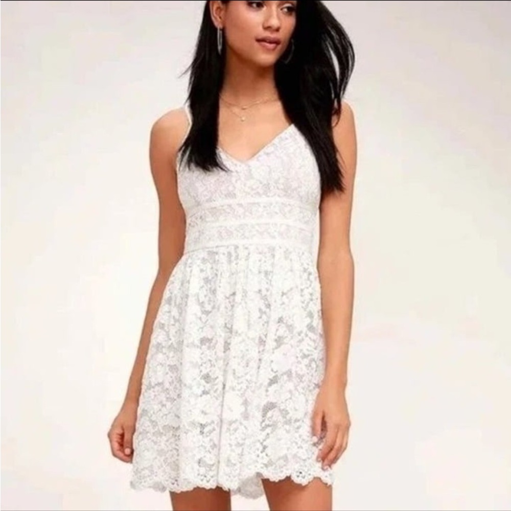 Lulus Wish Me Luxe Lace Skater Dress in White, Small